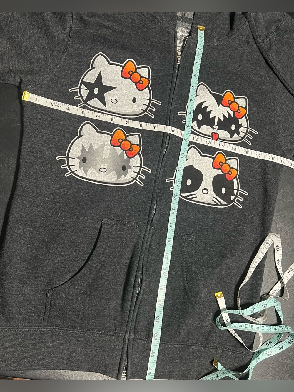 Hello Kitty Kiss Band Graphic Dark Gray Zip Hoodie with Orange Bows Theme - Picture 6 of 9